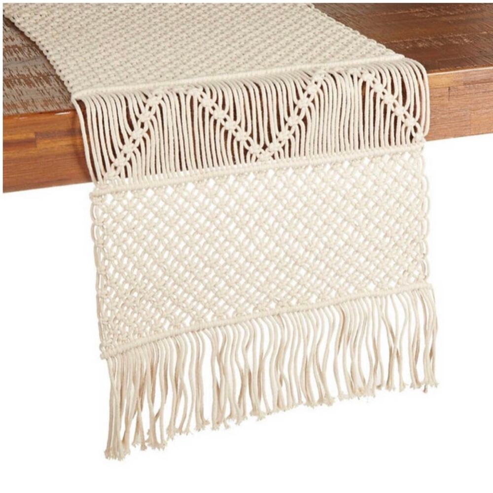 90 Inch Table Runner in Natural Bohemian Boho Macrame Style